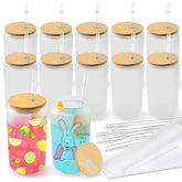 Glass cups with bamboo lids and straws 16 oz Sublimation Frosted glass cups - 12 pack